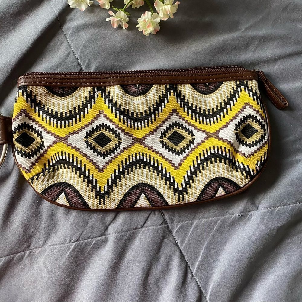 Tribal yellow & brown Ringlot wristlet